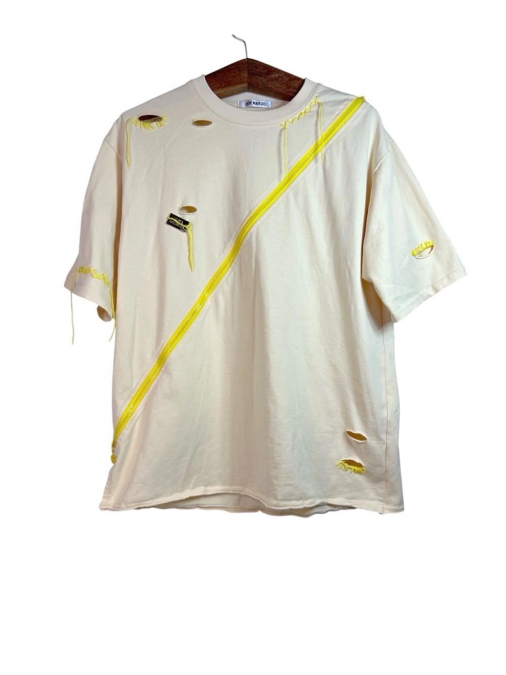 13 De Marzo Paris Mens Cream Yellow Zipper Distressed T-Shirt Size XL Streetwear